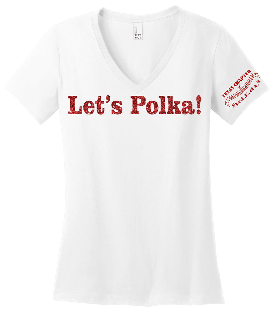 Let's Polka Short Sleeve Ladies Glitter V Neck Tee